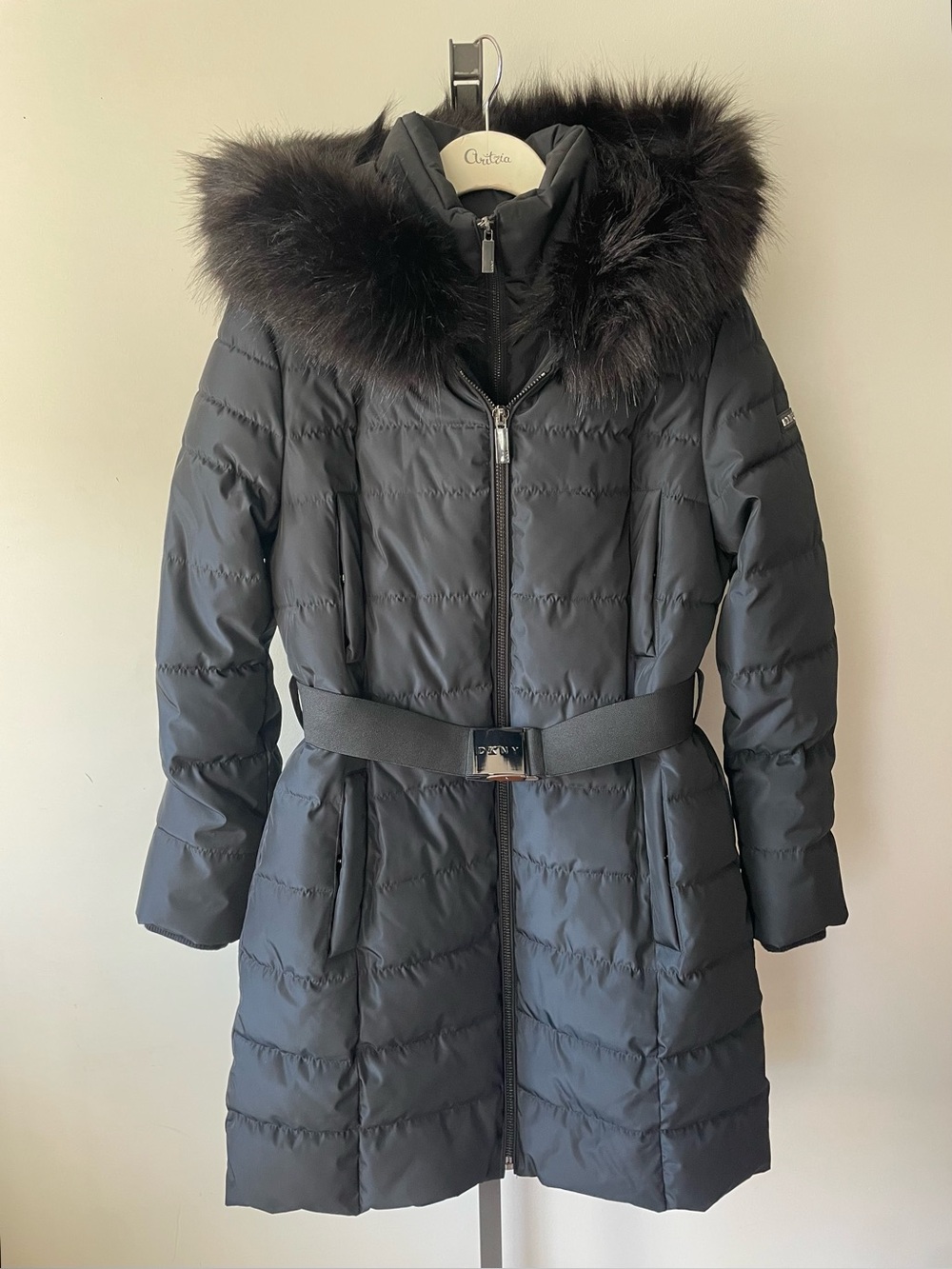 DKNY Belted Hooded Puffer Coat Parka Jacket Long Longline Medium
